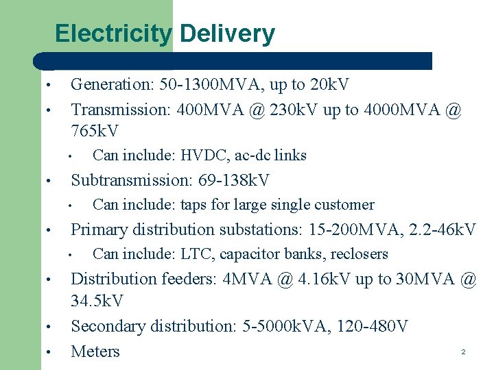 Electricity Delivery • • Generation: 50 -1300 MVA, up to 20 k. V Transmission: