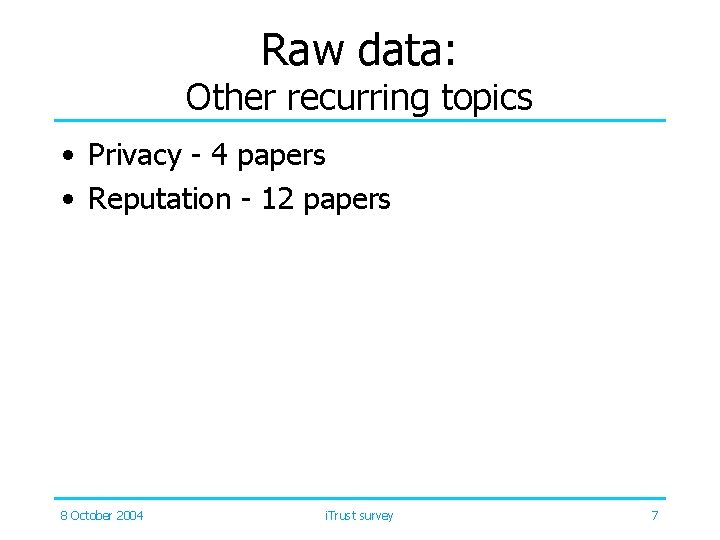 Raw data: Other recurring topics • Privacy - 4 papers • Reputation - 12