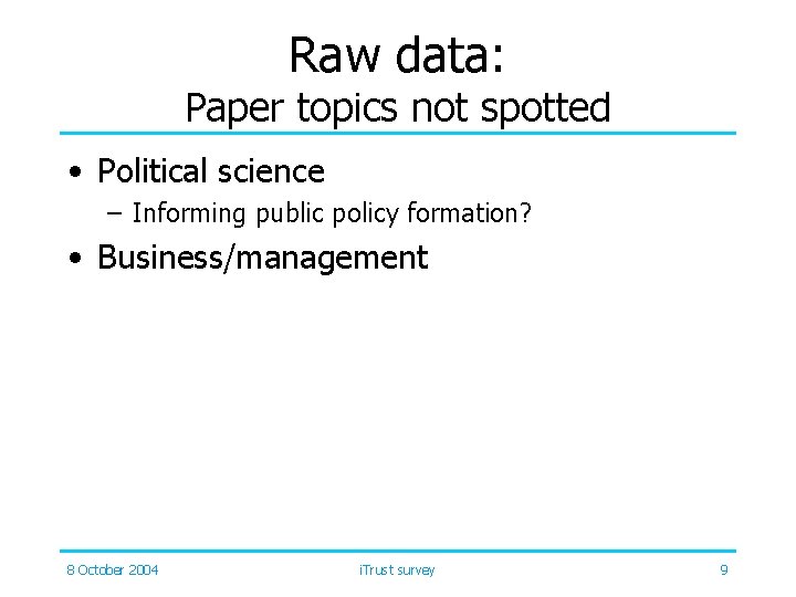 Raw data: Paper topics not spotted • Political science – Informing public policy formation?