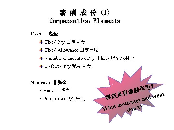 薪 酬 成 份 (1) Compensation Elements Cash 现金 Fixed Pay 固定现金 Fixed Allowance
