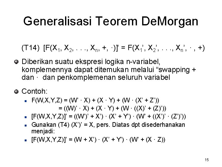Generalisasi Teorem De. Morgan (T 14) [F(X 1, X 2, . . . ,