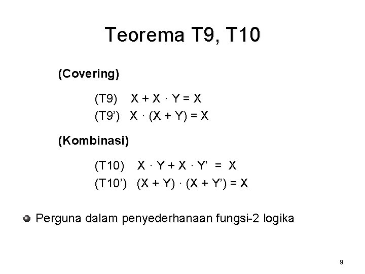 Teorema T 9, T 10 (Covering) (T 9) X + X · Y =
