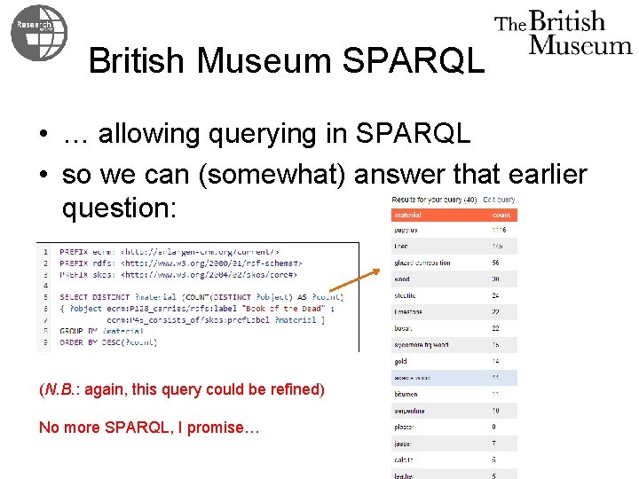 British Museum SPARQL • … allowing querying in SPARQL • so we can (somewhat)