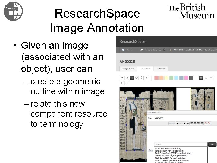 Research. Space Image Annotation • Given an image (associated with an object), user can