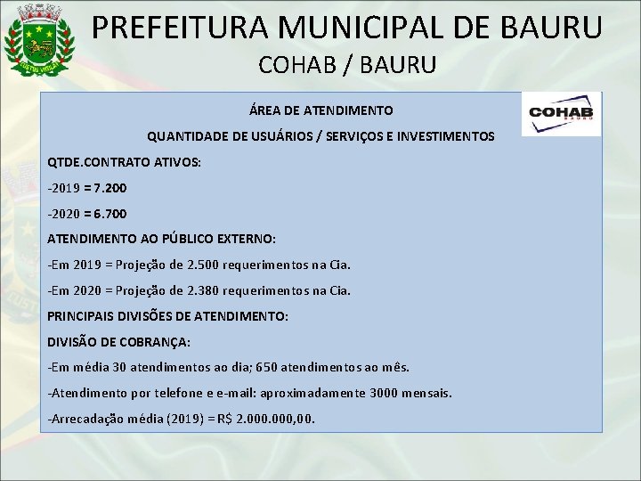 PREFEITURA MUNICIPAL DE BAURU COHAB / BAURU ÁREA DE ATENDIMENTO QUANTIDADE DE USUÁRIOS /