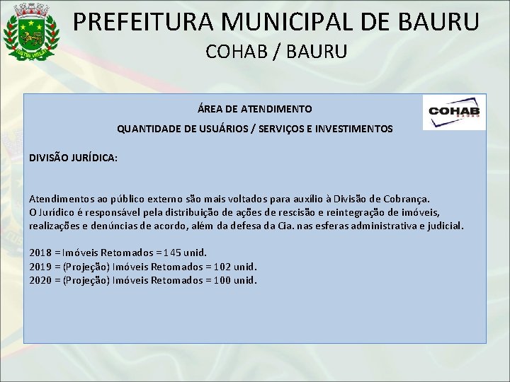PREFEITURA MUNICIPAL DE BAURU COHAB / BAURU ÁREA DE ATENDIMENTO QUANTIDADE DE USUÁRIOS /