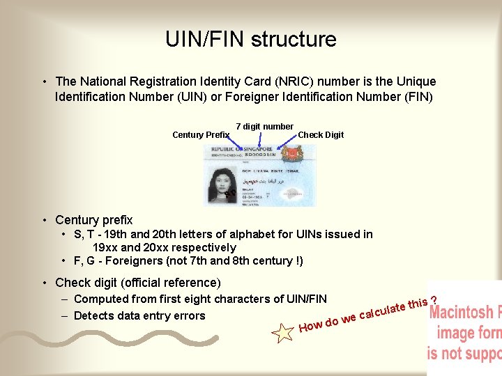 UIN/FIN structure • The National Registration Identity Card (NRIC) number is the Unique Identification