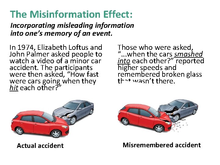 The Misinformation Effect: Incorporating misleading information into one’s memory of an event. In 1974,