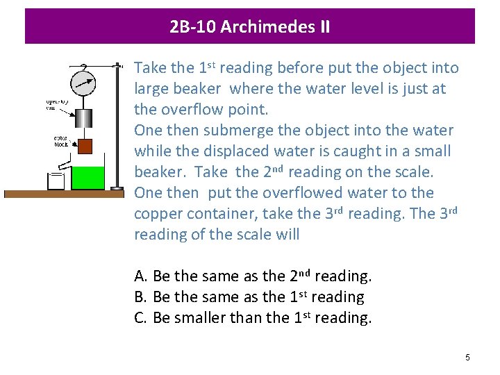2 B-10 Archimedes II Take the 1 st reading before put the object into