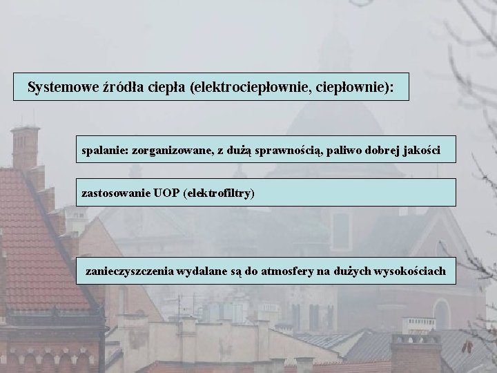 Systemowe źródła ciepła (elektrociepłownie, ciepłownie): spalanie: zorganizowane, z dużą sprawnością, paliwo dobrej jakości zastosowanie