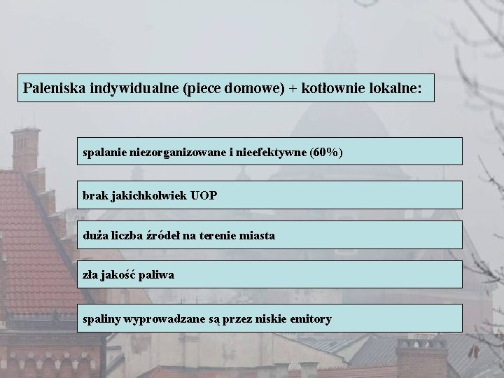 Paleniska indywidualne (piece domowe) + kotłownie lokalne: spalanie niezorganizowane i nieefektywne (60%) brak jakichkolwiek