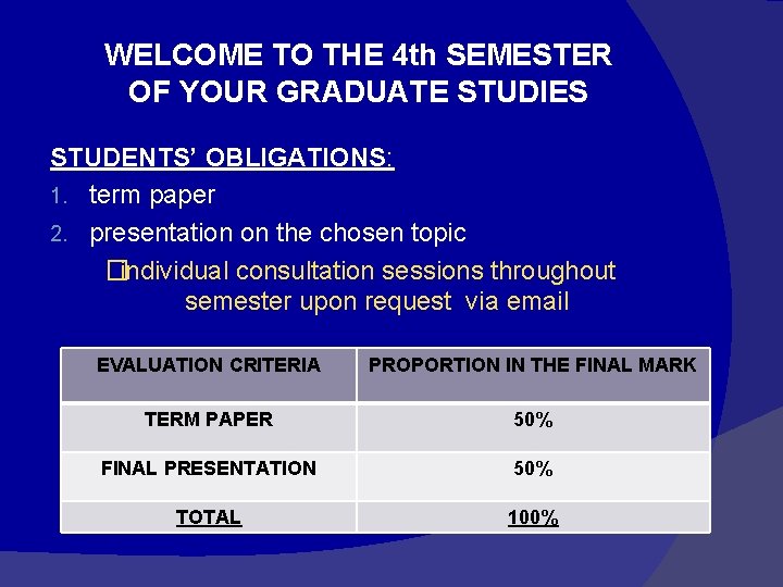 WELCOME TO THE 4 th SEMESTER OF YOUR GRADUATE STUDIES STUDENTS’ OBLIGATIONS: 1. term