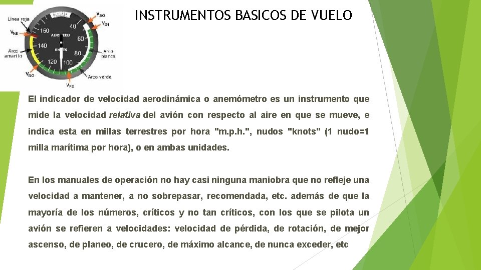 INSTRUMENTOS BASICOS DE VUELO El indicador de velocidad aerodinámica o anemómetro es un instrumento