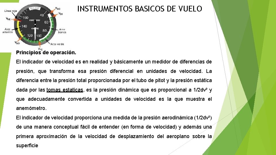 INSTRUMENTOS BASICOS DE VUELO Principios de operación. El indicador de velocidad es en realidad