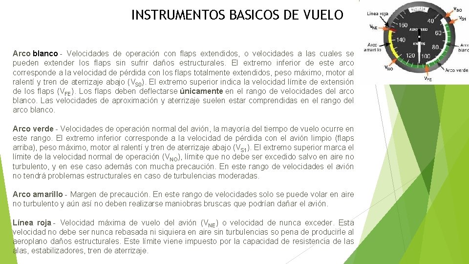 INSTRUMENTOS BASICOS DE VUELO Arco blanco - Velocidades de operación con flaps extendidos, o