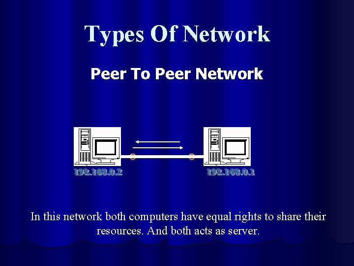 Types Of Network Peer To Peer Network In this network both computers have equal