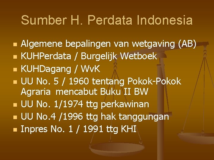 Sumber H. Perdata Indonesia n n n n Algemene bepalingen van wetgaving (AB) KUHPerdata