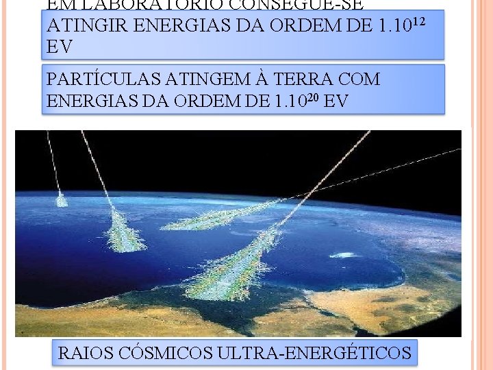 EM LABORATÓRIO CONSEGUE-SE ATINGIR ENERGIAS DA ORDEM DE 1. 1012 EV PARTÍCULAS ATINGEM À