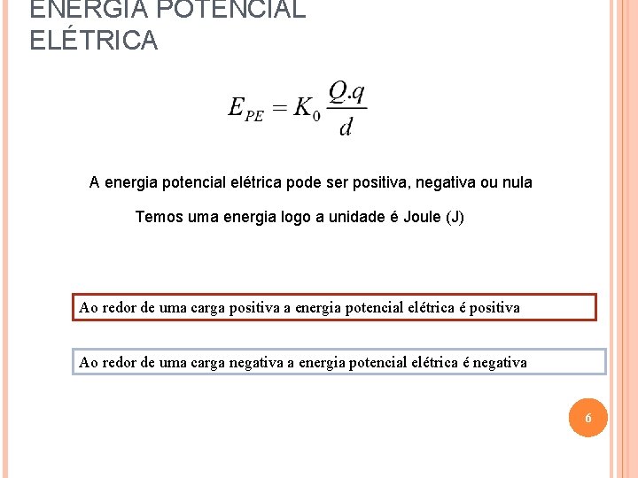 ENERGIA POTENCIAL ELÉTRICA A energia potencial elétrica pode ser positiva, negativa ou nula Temos