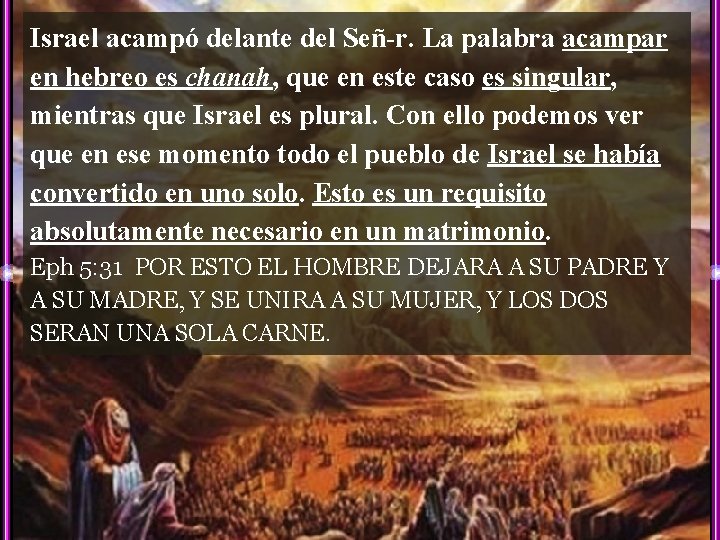 Israel acampó delante del Señ-r. La palabra acampar en hebreo es chanah, que en