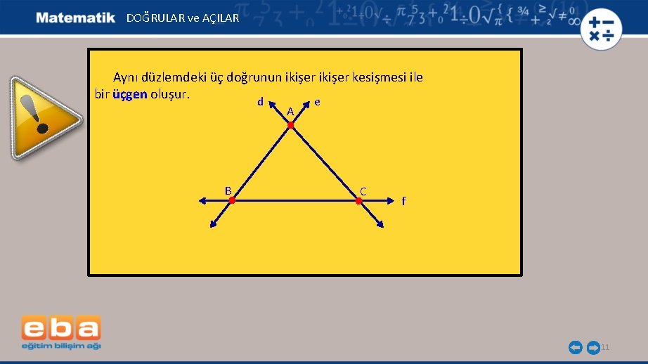 DOĞRULAR ve AÇILAR Aynı düzlemdeki üç doğrunun ikişer kesişmesi ile bir üçgen oluşur. d