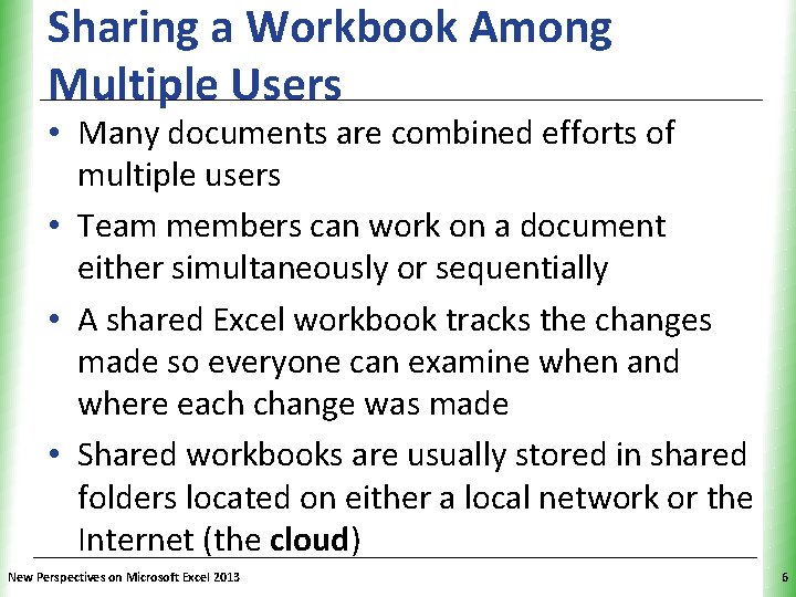 Sharing a Workbook Among Multiple Users XP • Many documents are combined efforts of