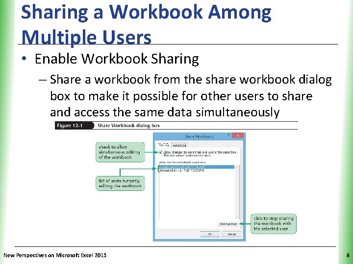 Sharing a Workbook Among Multiple Users XP • Enable Workbook Sharing – Share a