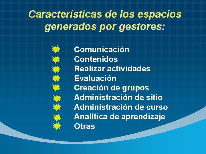 Características de los espacios generados por gestores: Comunicación Contenidos Realizar actividades Evaluación Creación de