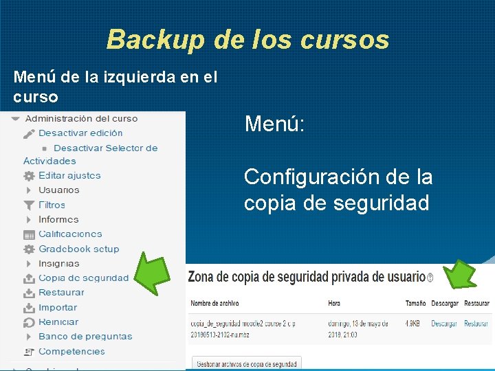 Backup de los cursos Menú de la izquierda en el curso Menú: Configuración de