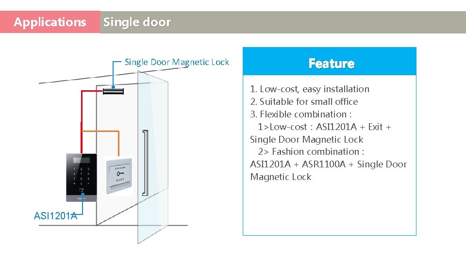 Applications Access Control Single door Single Door Magnetic Lock Feature 1. Low-cost, easy installation