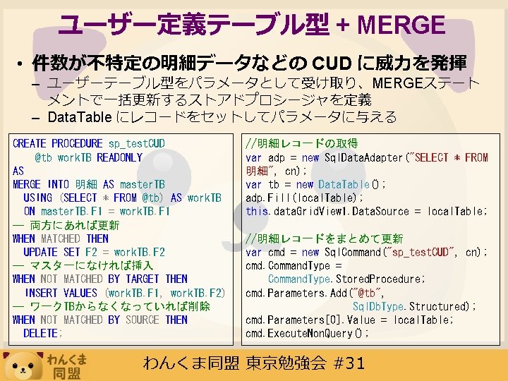 ユーザー定義テーブル型 + MERGE • 件数が不特定の明細データなどの CUD に威力を発揮 – ユーザーテーブル型をパラメータとして受け取り、MERGEステート メントで一括更新するストアドプロシージャを定義 – Data. Table にレコードをセットしてパラメータに与える
