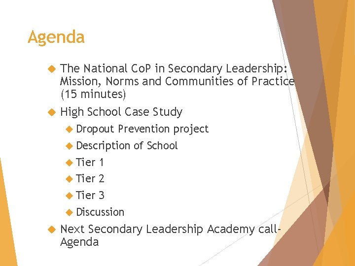 Agenda The National Co. P in Secondary Leadership: Mission, Norms and Communities of Practice