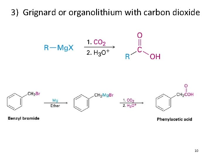 3) Grignard or organolithium with carbon dioxide 10 