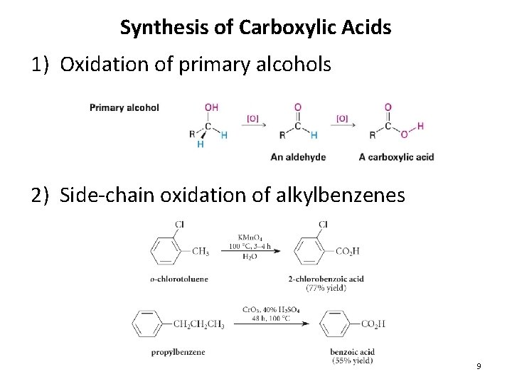 Synthesis of Carboxylic Acids 1) Oxidation of primary alcohols 2) Side-chain oxidation of alkylbenzenes