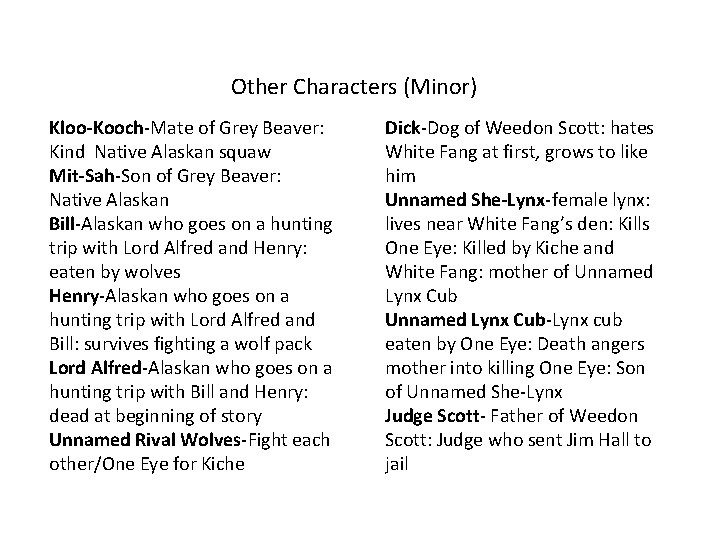 Other Characters (Minor) Kloo-Kooch-Mate of Grey Beaver: Kind Native Alaskan squaw Mit-Sah-Son of Grey