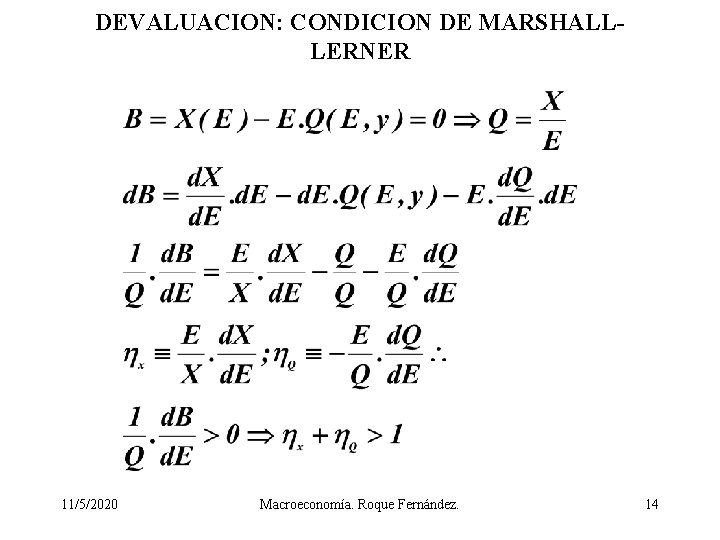 DEVALUACION: CONDICION DE MARSHALLLERNER 11/5/2020 Macroeconomía. Roque Fernández. 14 