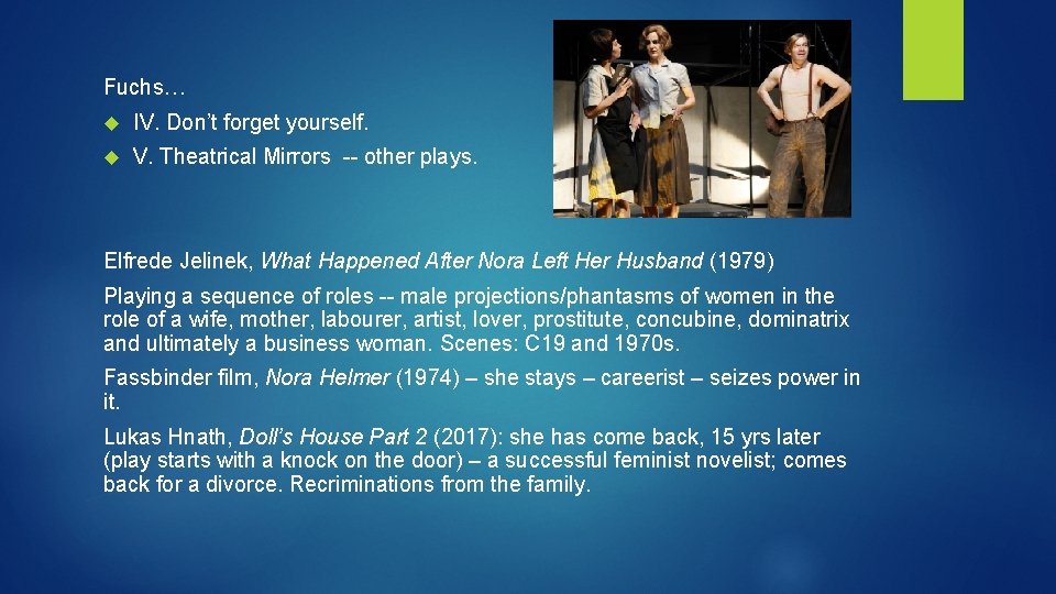 Fuchs… IV. Don’t forget yourself. V. Theatrical Mirrors -- other plays. Elfrede Jelinek, What