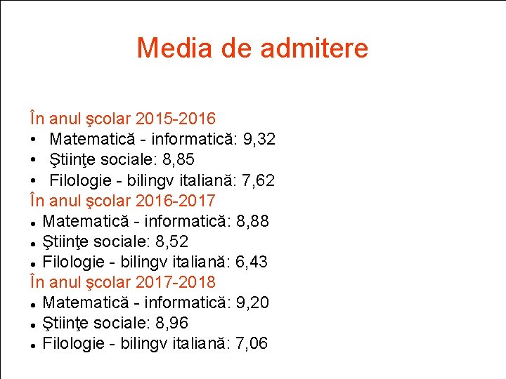 Media de admitere În anul şcolar 2015 -2016 • Matematică - informatică: 9, 32