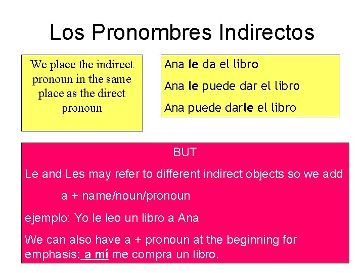 Los Pronombres Indirectos We place the indirect pronoun in the same place as the