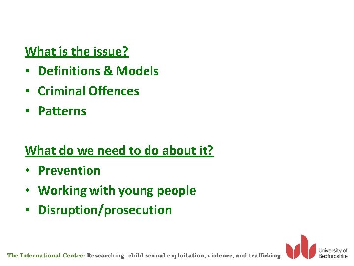 What is the issue? • Definitions & Models • Criminal Offences • Patterns What