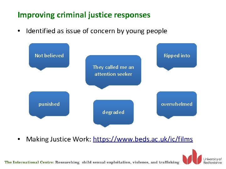 Improving criminal justice responses • Identified as issue of concern by young people Not