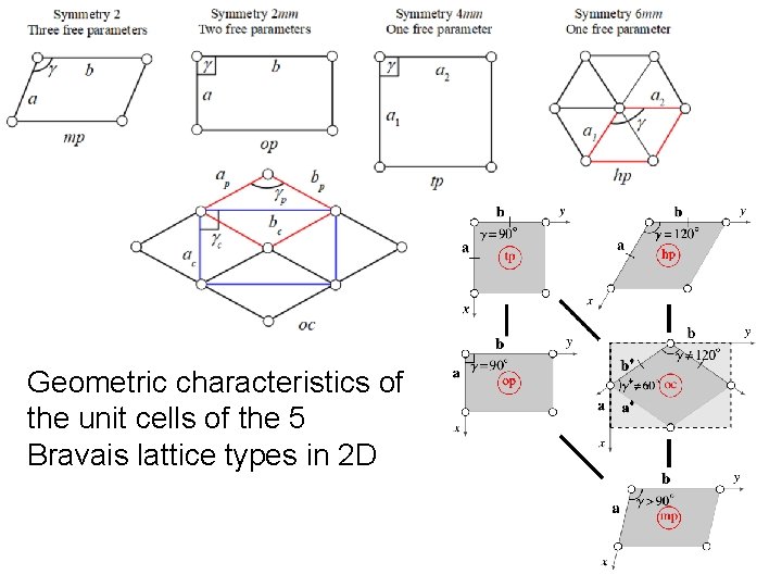 Geometric characteristics of the unit cells of the 5 Bravais lattice types in 2