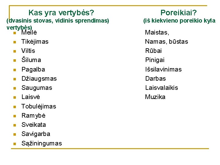 Kas yra vertybės? Poreikiai? (dvasinis stovas, vidinis sprendimas) (iš kiekvieno poreikio kyla vertybės) n