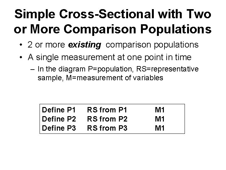 Simple Cross-Sectional with Two or More Comparison Populations • 2 or more existing comparison