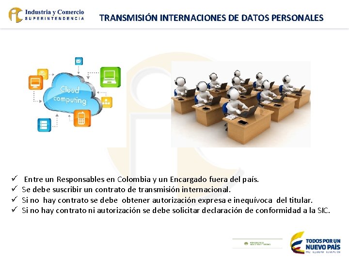 TRANSMISIÓN INTERNACIONES DE DATOS PERSONALES ü ü Entre un Responsables en Colombia y un