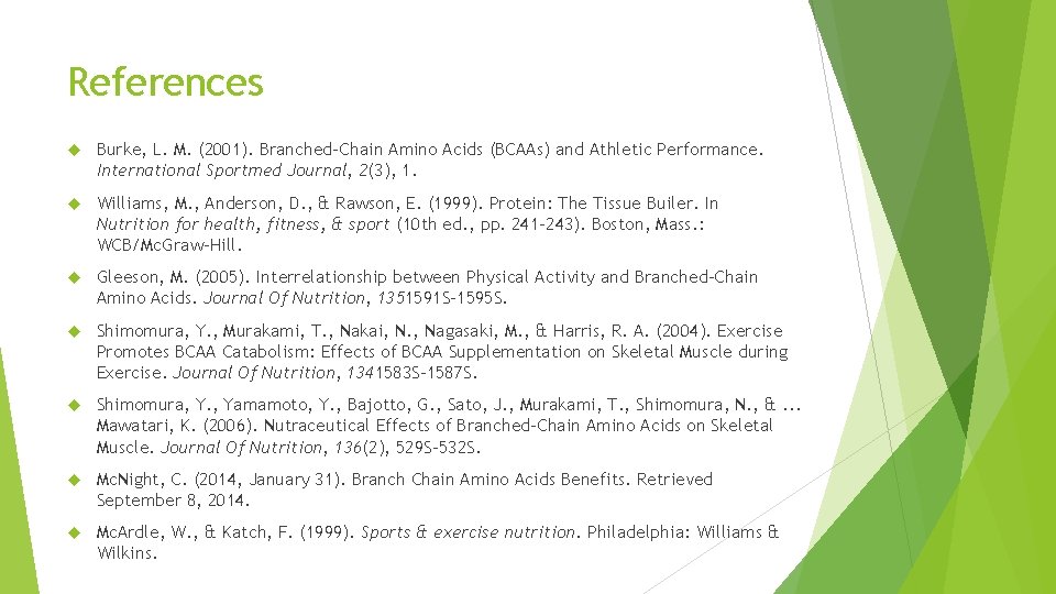 References Burke, L. M. (2001). Branched-Chain Amino Acids (BCAAs) and Athletic Performance. International Sportmed