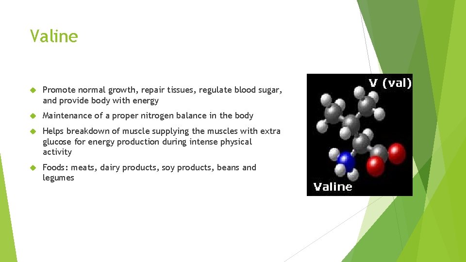 Valine Promote normal growth, repair tissues, regulate blood sugar, and provide body with energy