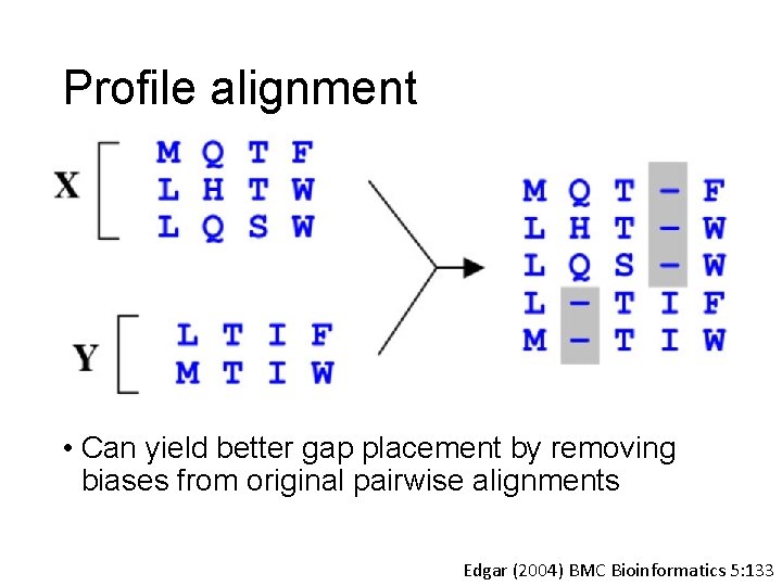 Profile alignment • Can yield better gap placement by removing biases from original pairwise