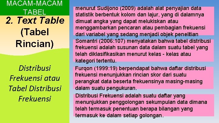 MACAM-MACAM TABEL 2. Text Table (Tabel Rincian) Distribusi Frekuensi atau Tabel Distribusi Frekuensi menurut