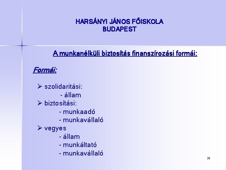 HARSÁNYI JÁNOS FŐISKOLA BUDAPEST A munkanélküli biztosítás finanszírozási formái: Formái: Ø szolidaritási: - állam